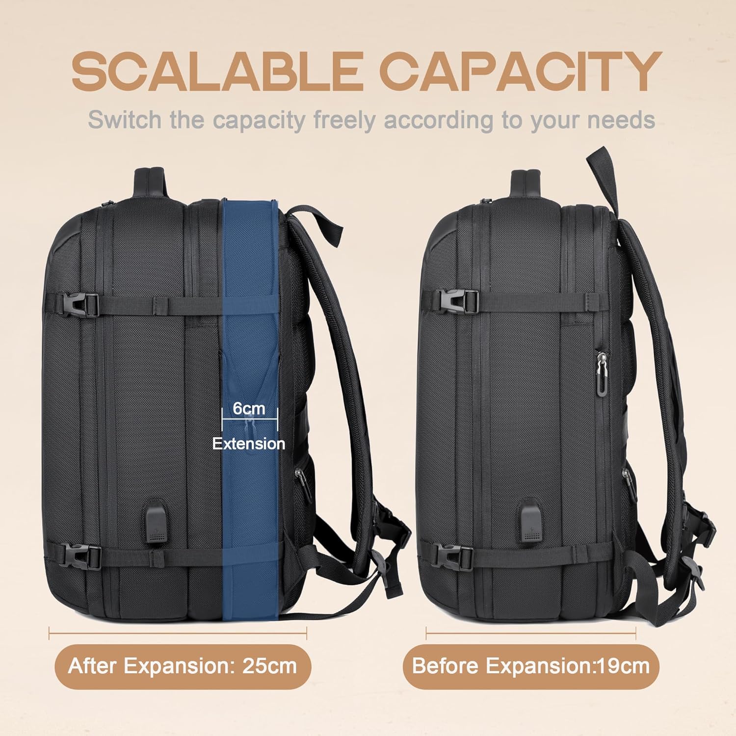 40L Expandable Waterproof Travel Backpack with USB Port & 17” Laptop Sleeve – AirVoyage - Image 3