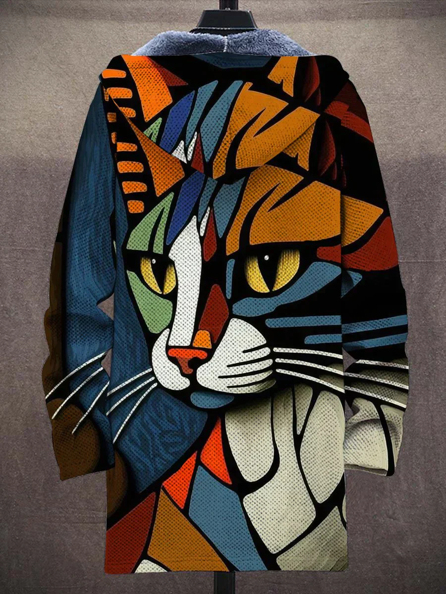 Abstract Cat Print Cardigan with Plush Lining - Luna - Image 2