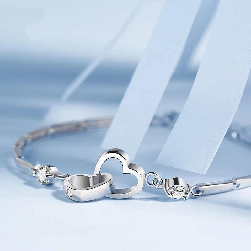 Adjustable 925 Silver Double Heart Bracelet - Image 5