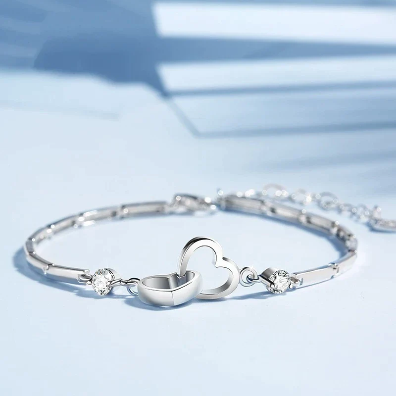 Adjustable 925 Silver Double Heart Bracelet - Image 7