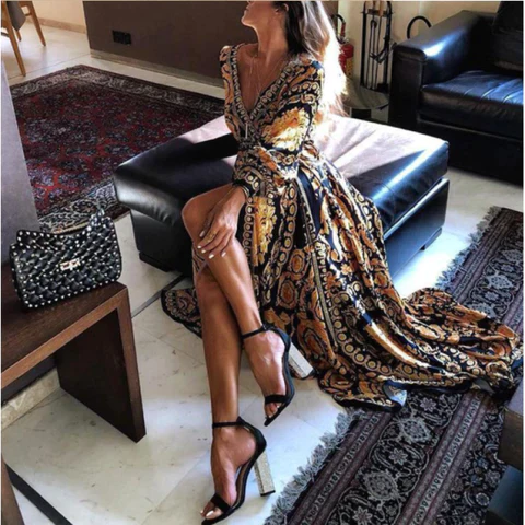 Boho Wrap Summer Dress with Slit and Long Sleeves - Image 4