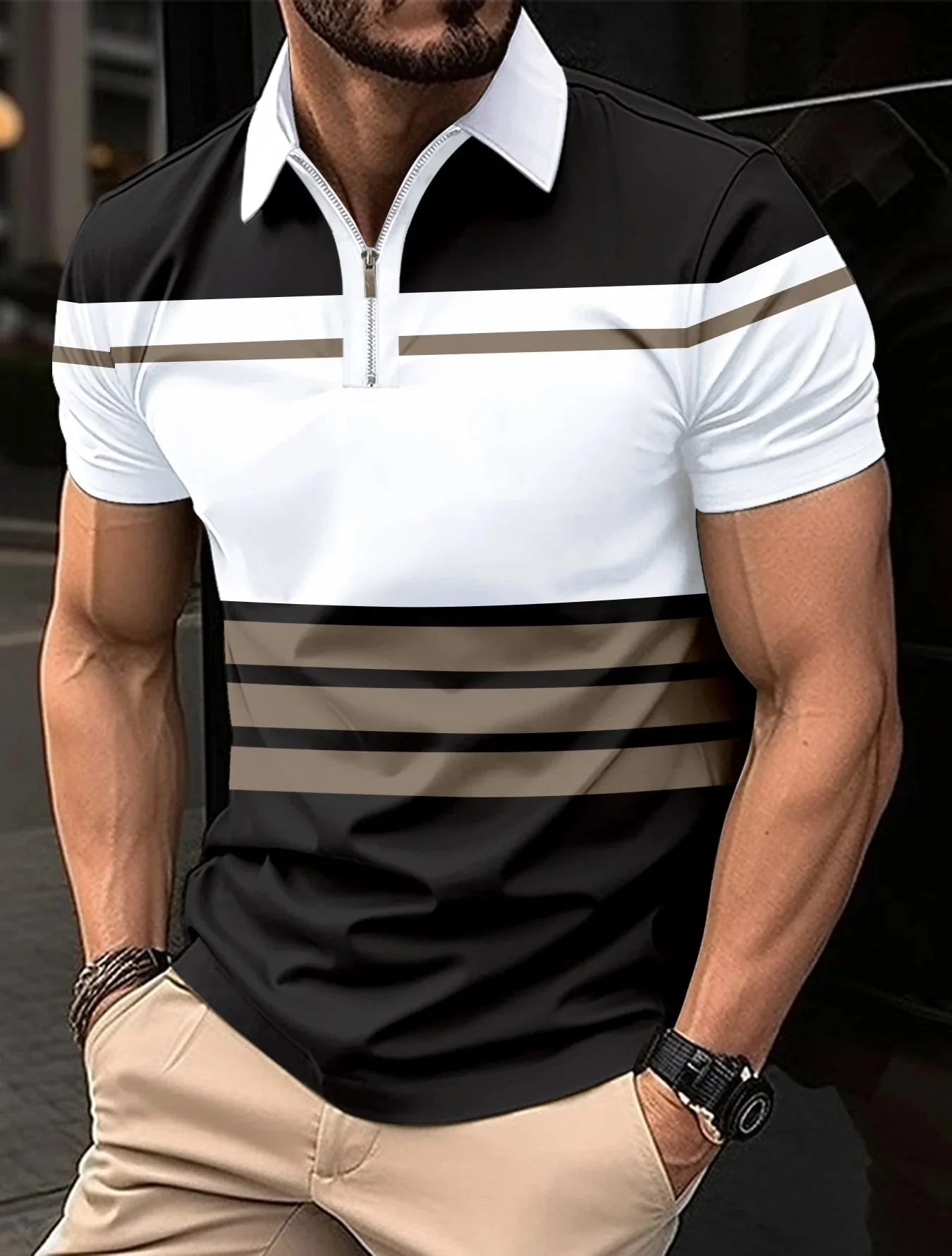 Breathable Striped Polo Shirt in English-Inspired Oversized Fit - Image 4