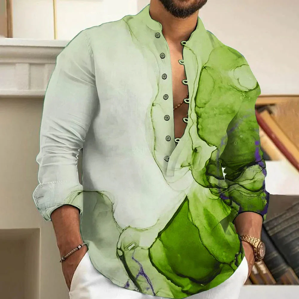 Casual Loose-Fit Printed Long Sleeve Shirt for Men in Plus Size - Image 6
