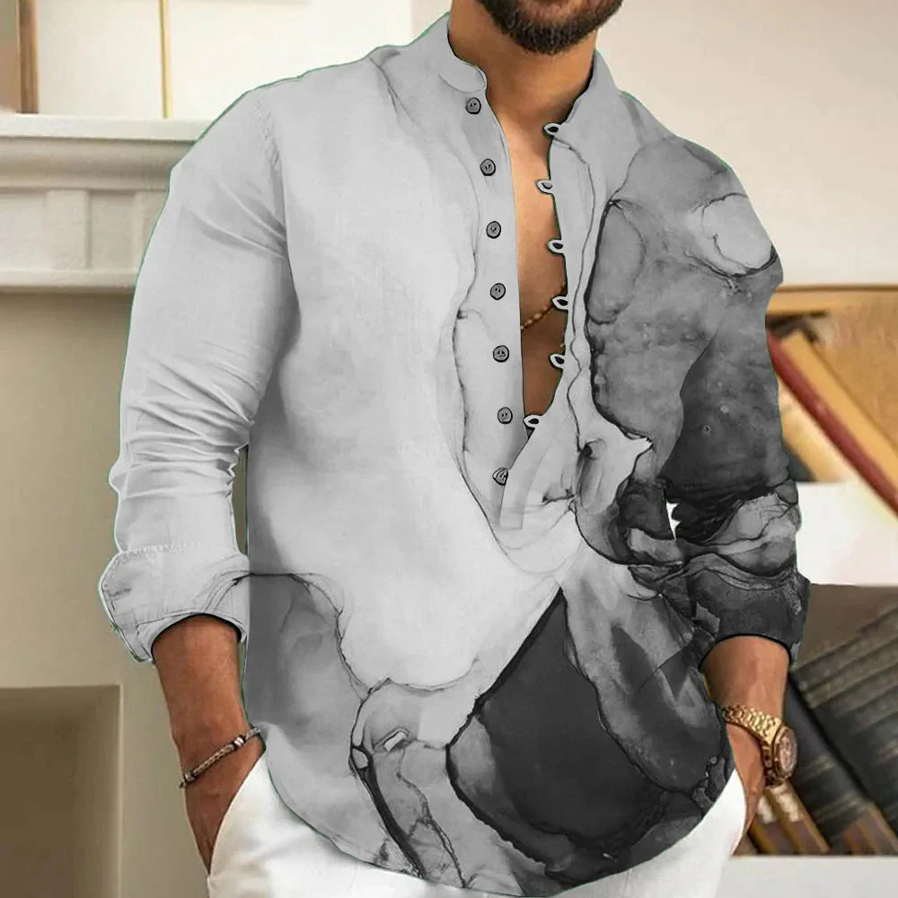 Casual Loose-Fit Printed Long Sleeve Shirt for Men in Plus Size - Image 7