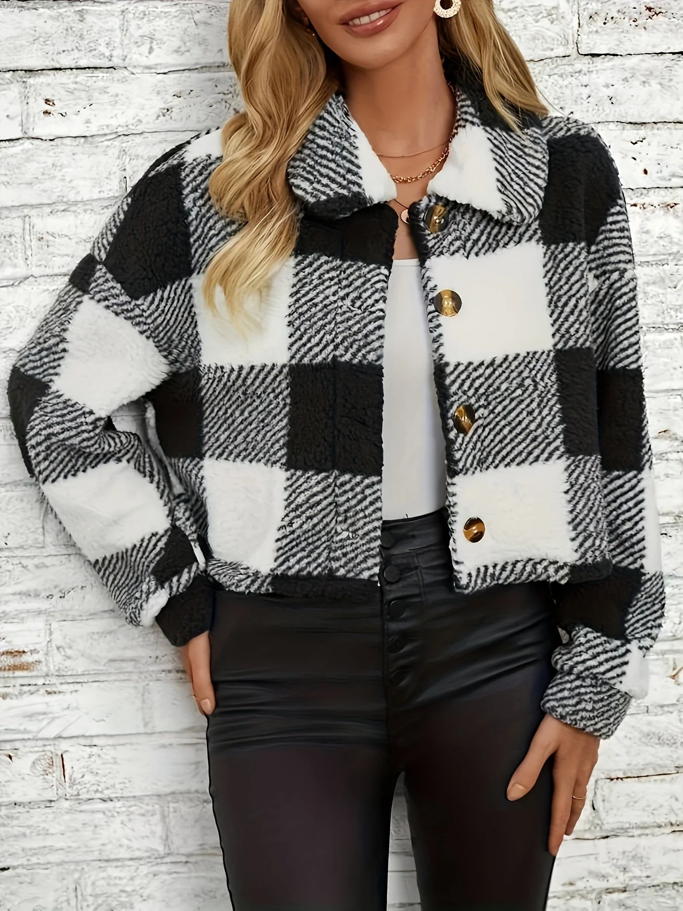Checked Teddy Jacket with Button Closure - Clara - Image 3