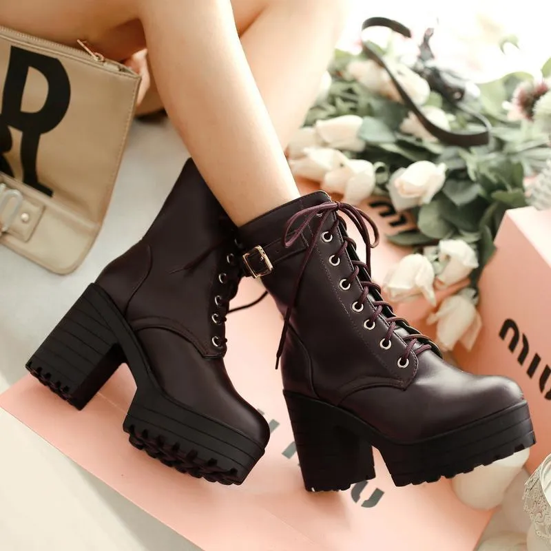 Edgy Lace-Up Boots with Buckle and Lug Sole - Luna