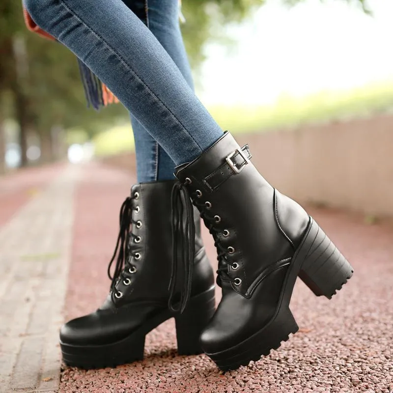Edgy Lace-Up Boots with Buckle and Lug Sole - Luna - Image 5