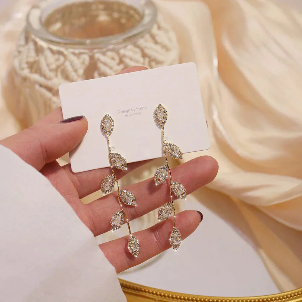 Elegant Long Earrings With Delicate Golden Leaves - Image 4