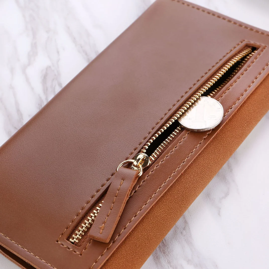 Elegant Long Wallet | Soft Velvet Leather with Gold Clasp - Image 9