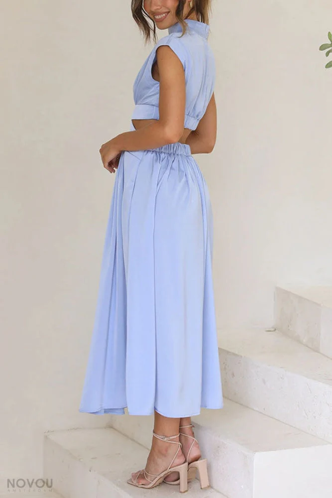 Elegant summer midi dress with roll neck and waist cut-out – Avelina - Image 10