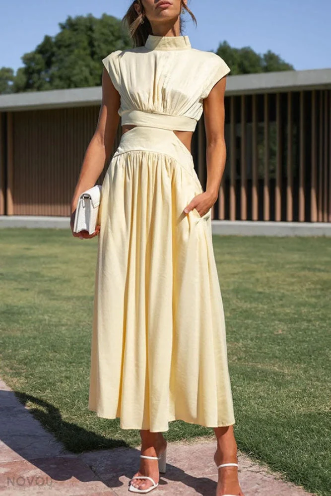 Elegant summer midi dress with roll neck and waist cut-out – Avelina - Image 13