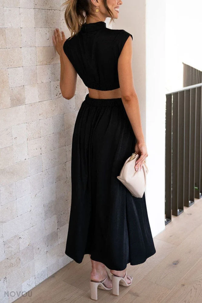 Elegant summer midi dress with roll neck and waist cut-out – Avelina - Image 4