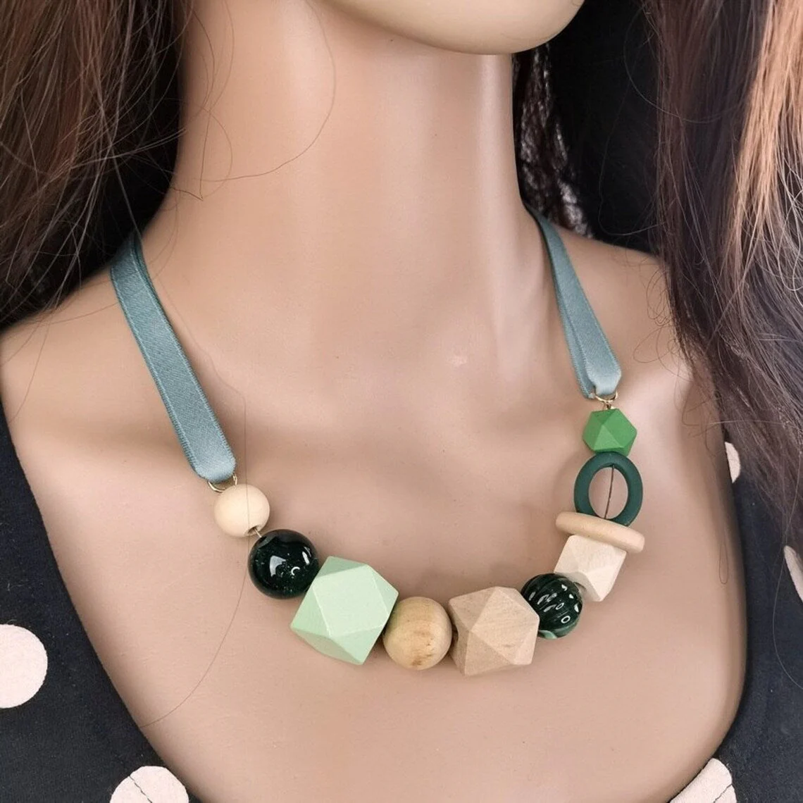 Geometric Pearl Wood Necklace | Modern Design - Image 2