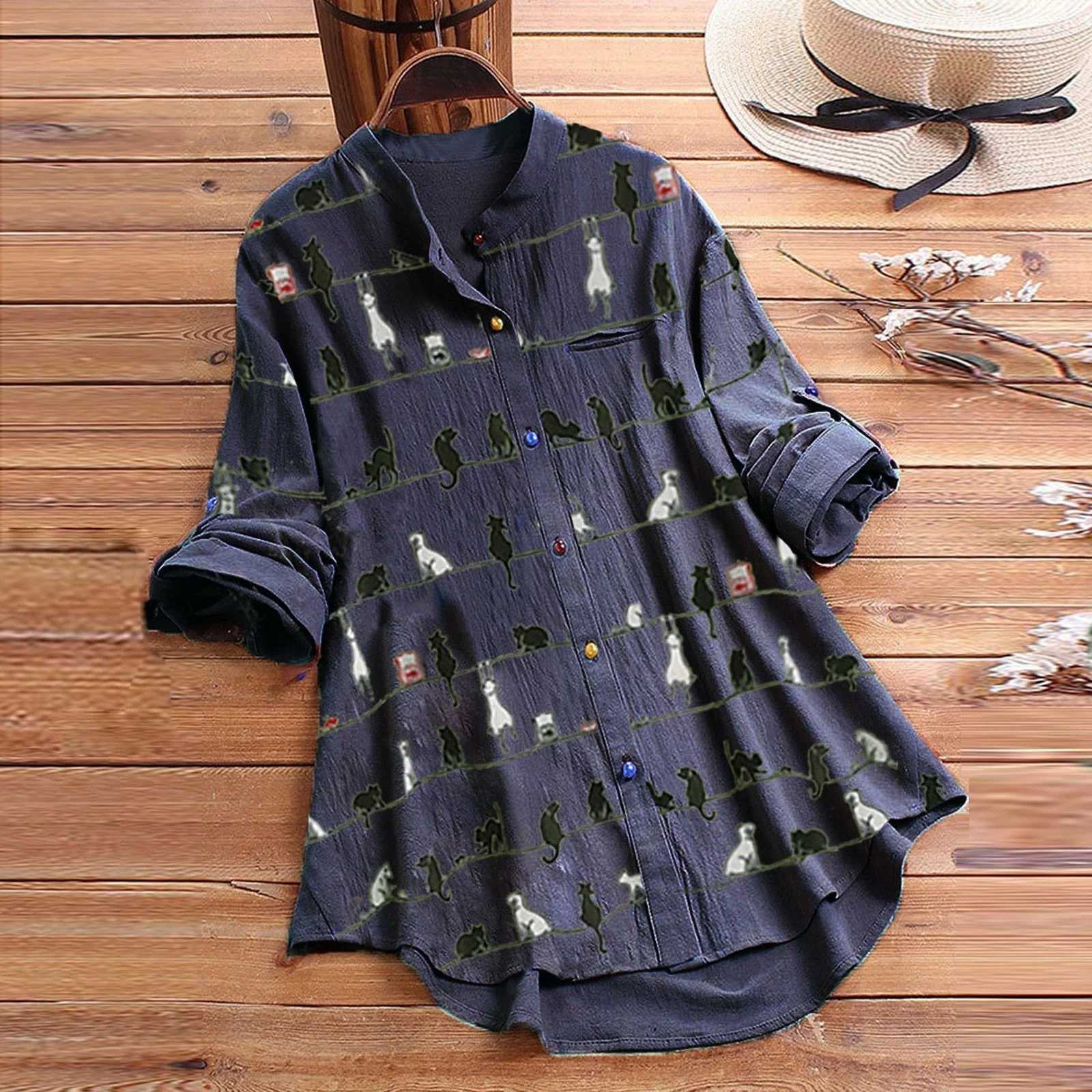 Light ladies' blouse with cat motif & button placket - Kaja - Image 5
