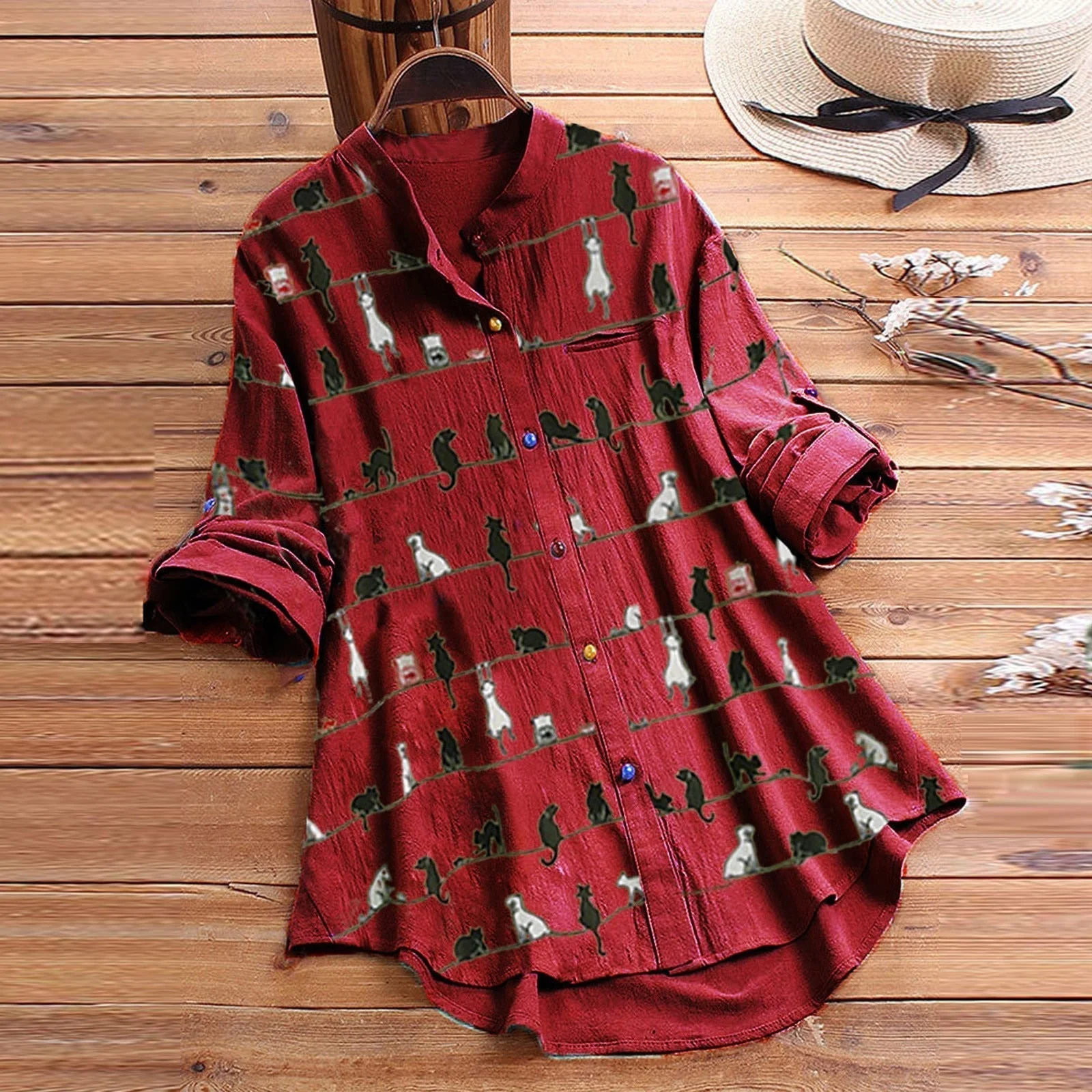 Light ladies' blouse with cat motif & button placket - Kaja - Image 6