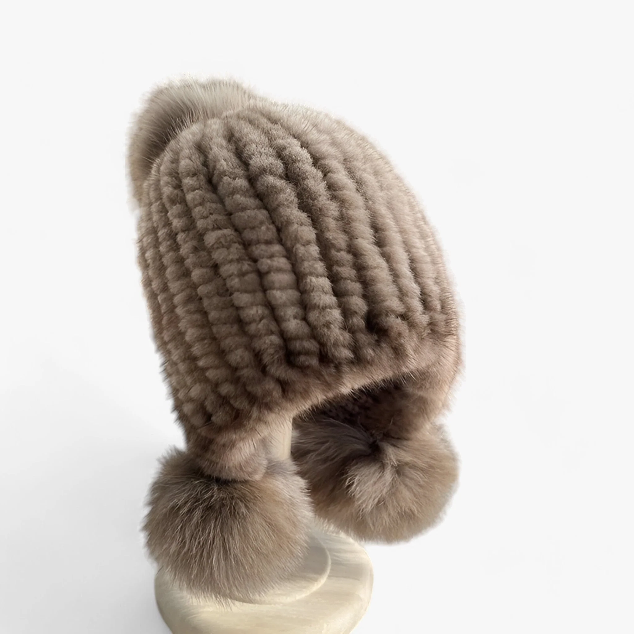 Luxurious Weasel Fur Hat with Fox Fur Pom-Pom - Valeria - Image 6