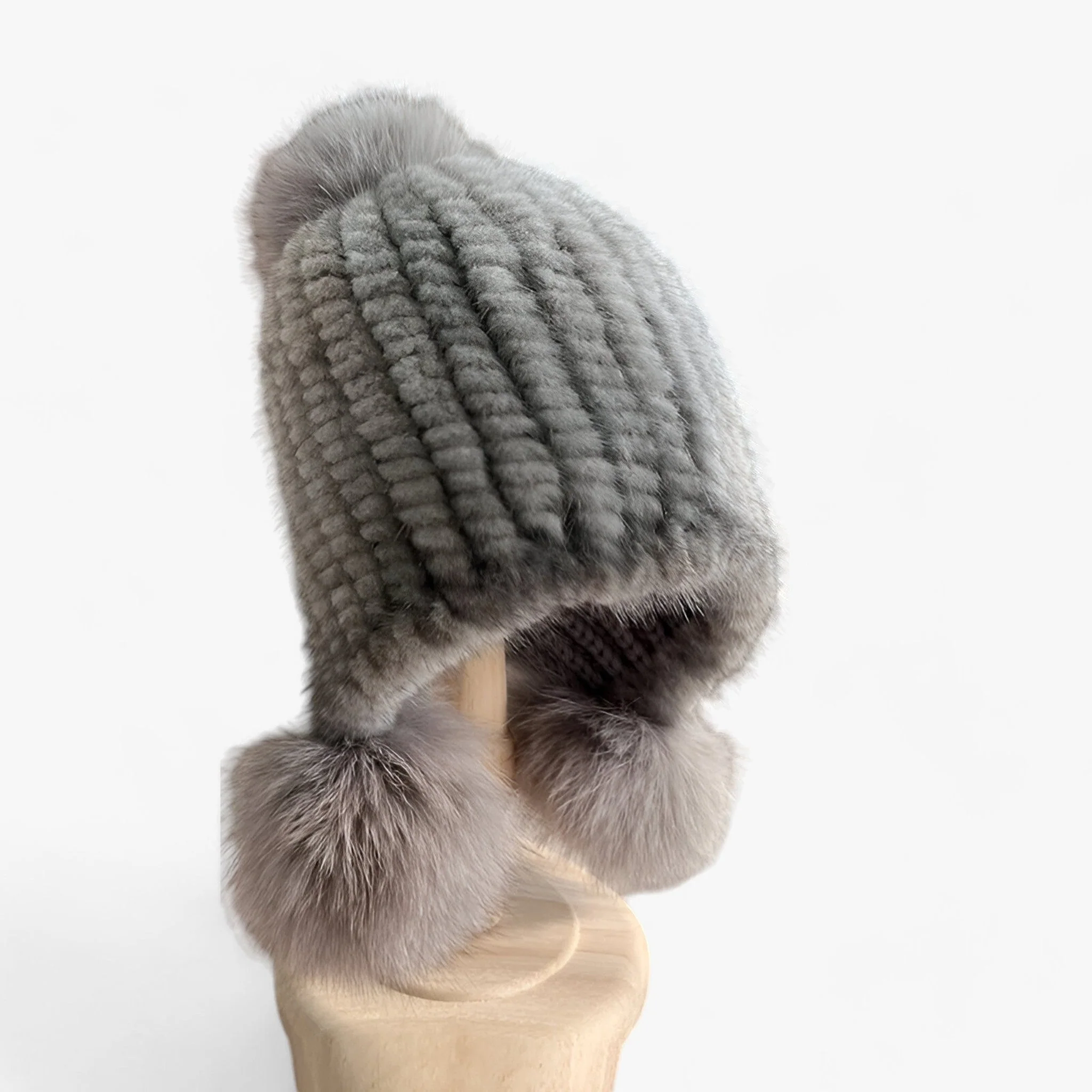 Luxurious Weasel Fur Hat with Fox Fur Pom-Pom - Valeria - Image 9