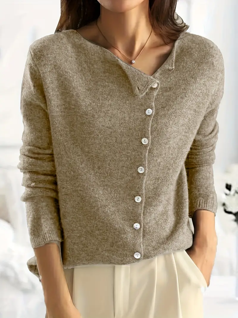 Solid Asymmetrical Buttoned Cardigan - Sienna - Image 2