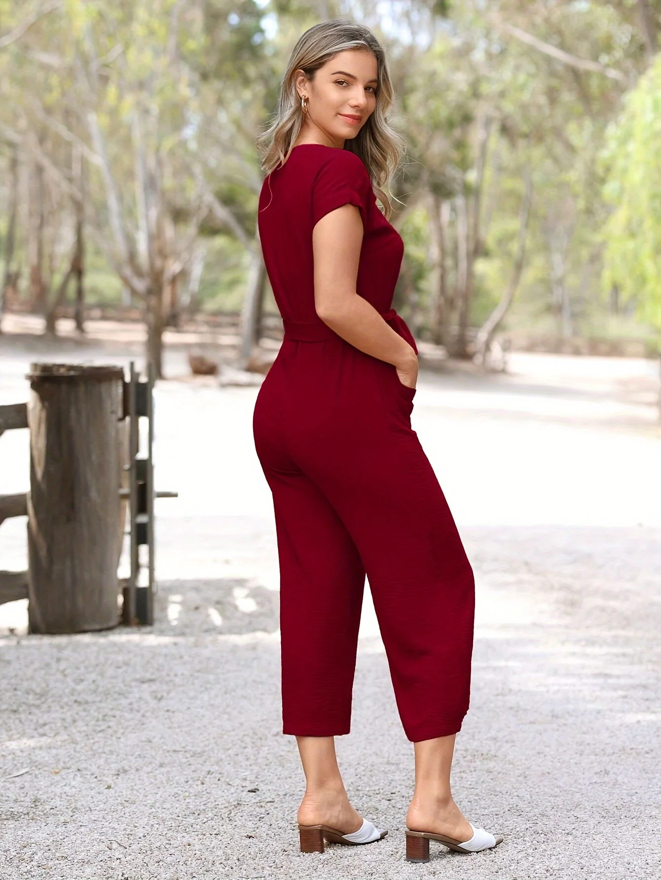 Stylish short-sleeved jumpsuit with button placket and waist belt - AirVibe - Image 6