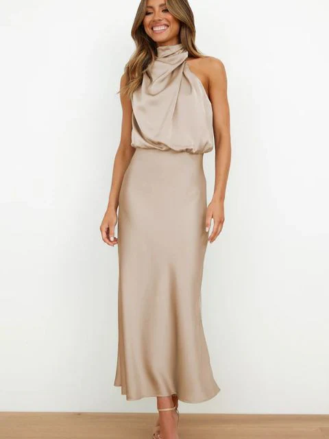 Stylish evening dress with a high neck made of satin for summer events – Elina - Image 2