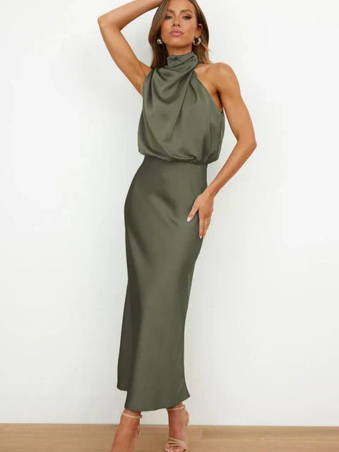 Stylish evening dress with a high neck made of satin for summer events – Elina - Image 3