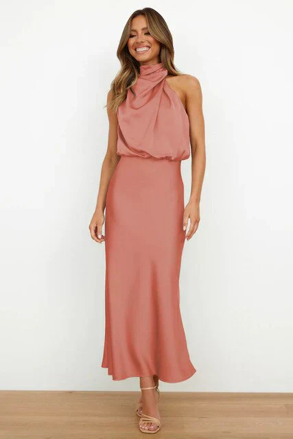 Stylish evening dress with a high neck made of satin for summer events – Elina - Image 4