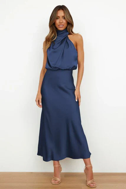 Stylish evening dress with a high neck made of satin for summer events – Elina - Image 5