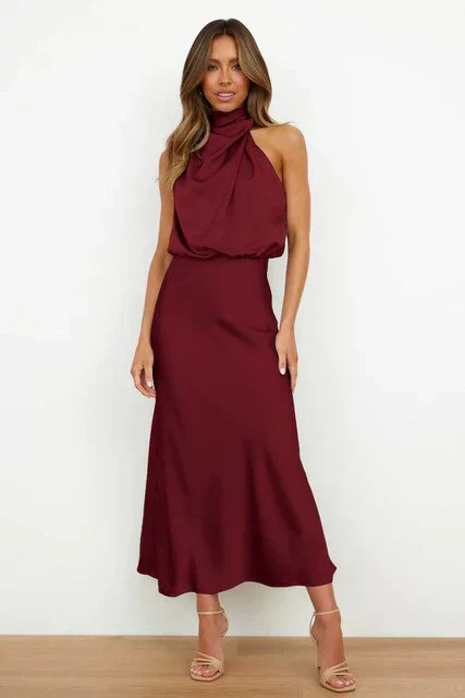 Stylish evening dress with a high neck made of satin for summer events – Elina - Image 6