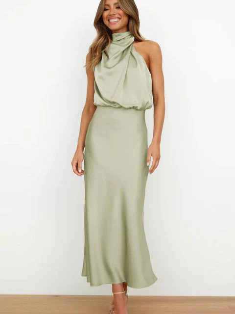 Stylish evening dress with a high neck made of satin for summer events – Elina - Image 7