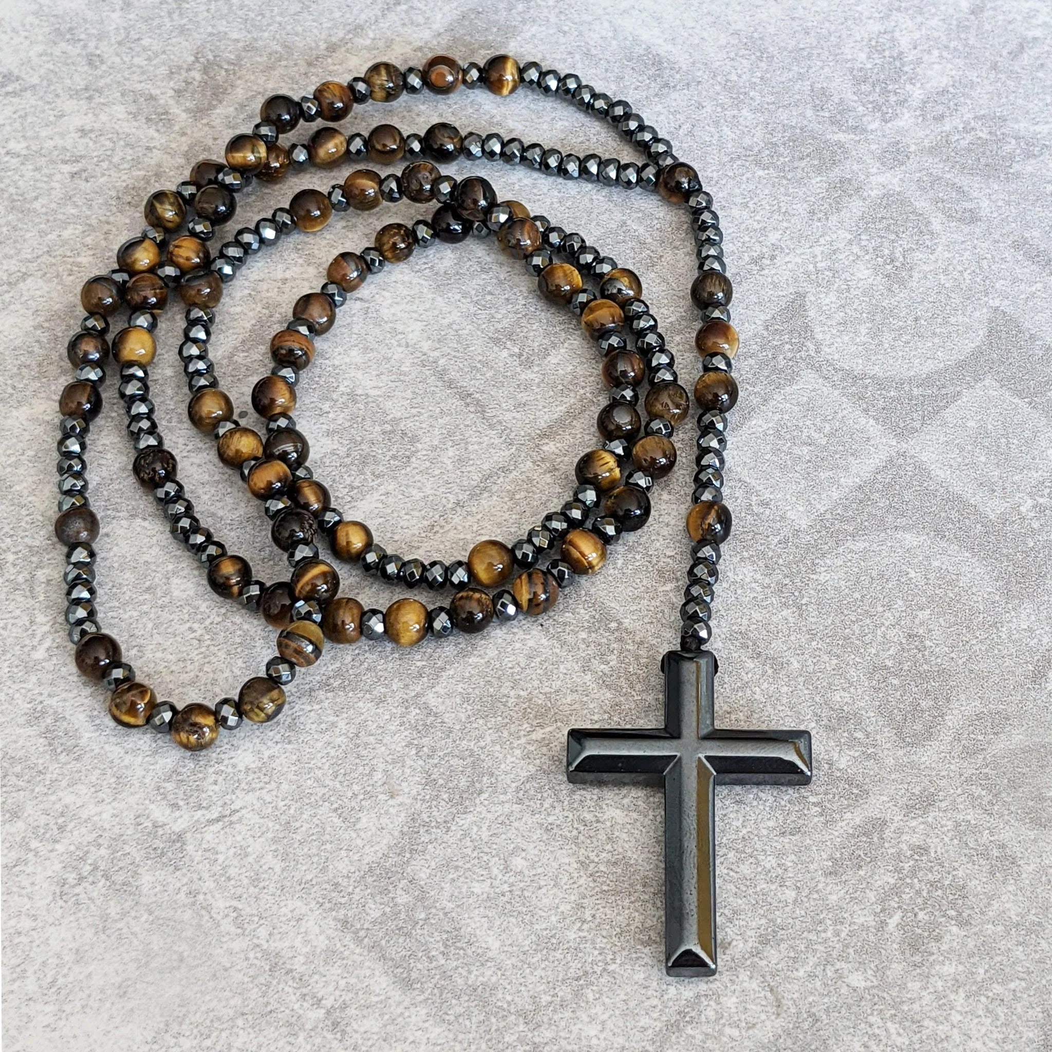 Tiger Eye and Lapis Lazuli Cross Rosary Necklace for Men - Orion - Image 3