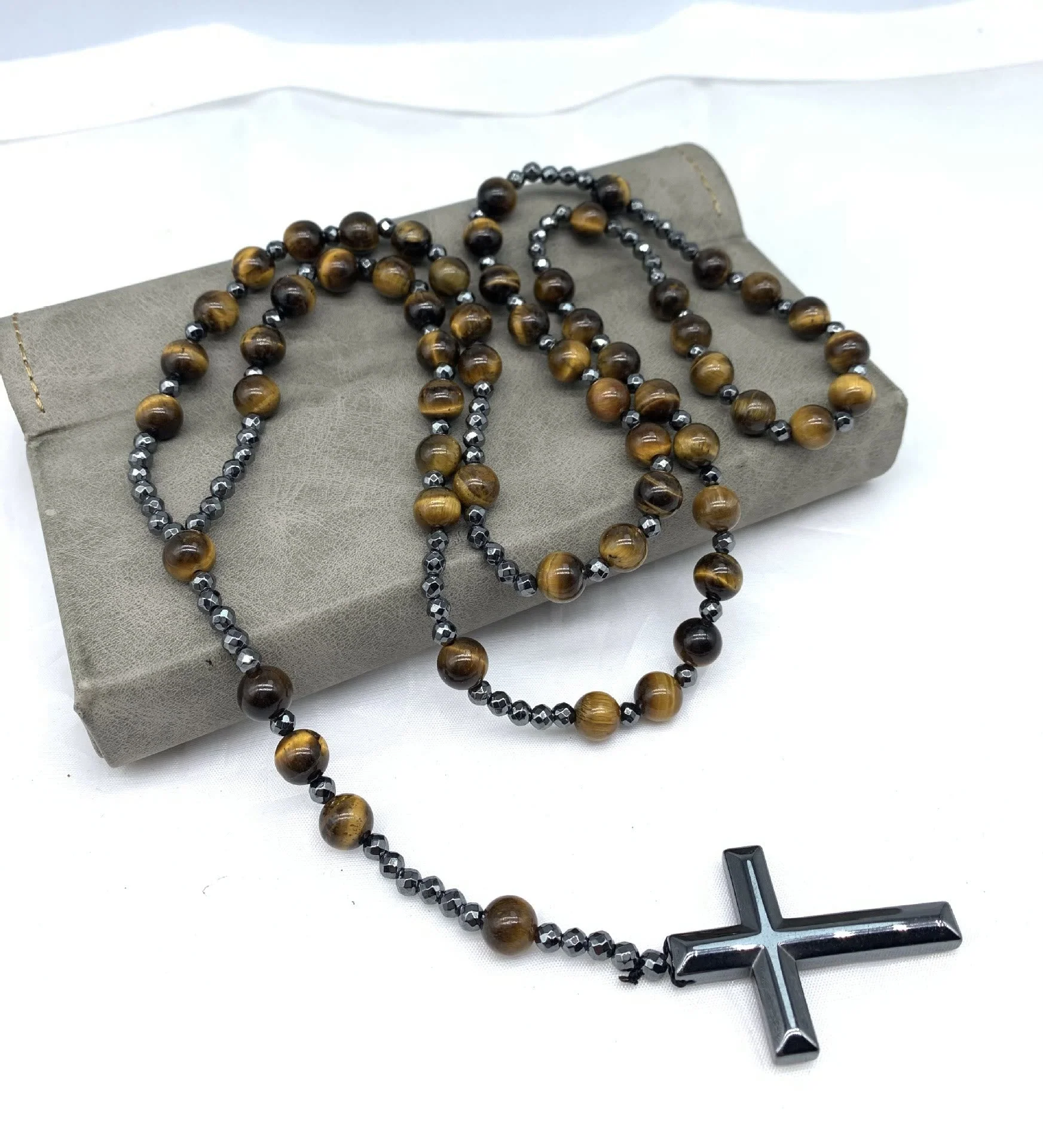 Tiger Eye and Lapis Lazuli Cross Rosary Necklace for Men - Orion - Image 4