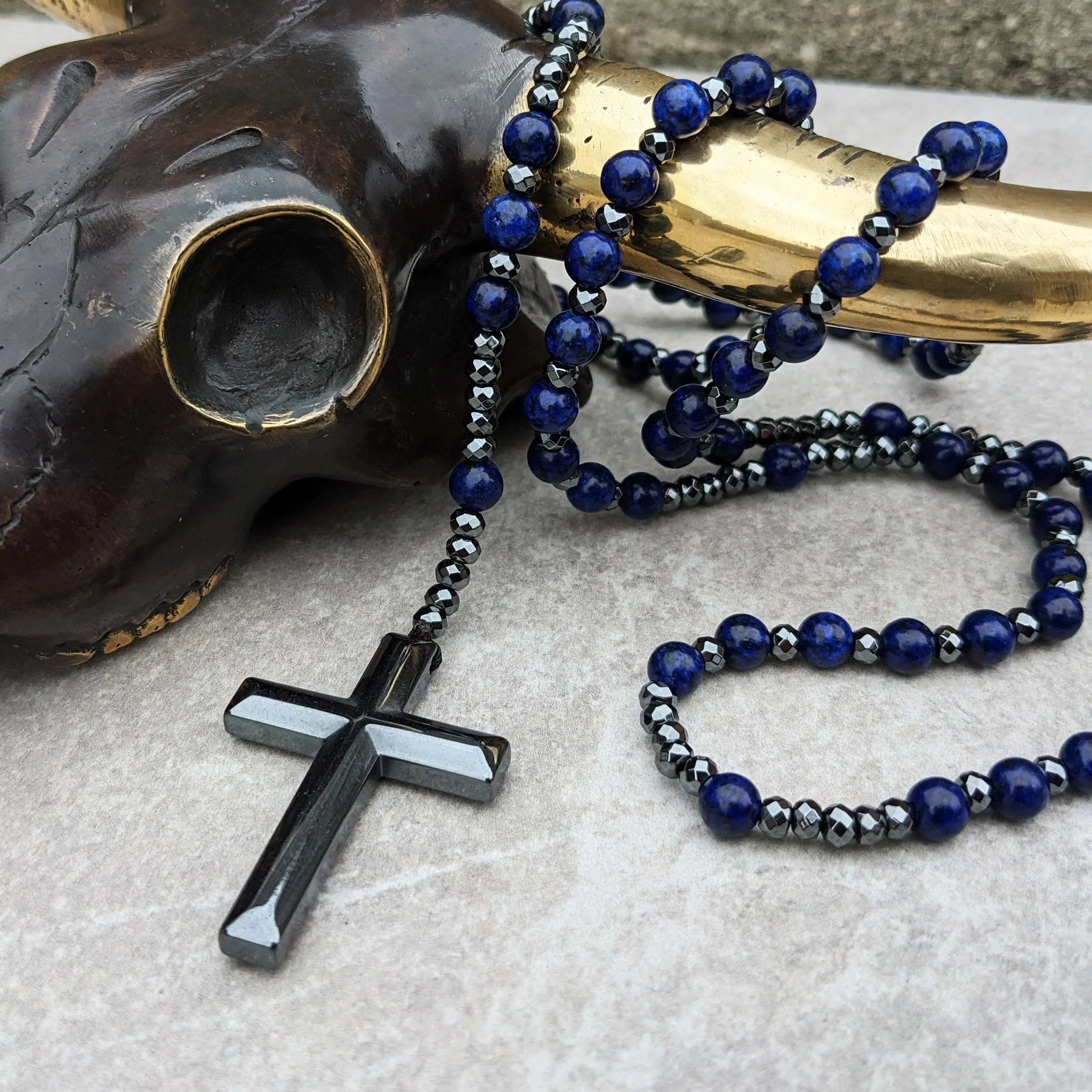 Tiger Eye and Lapis Lazuli Cross Rosary Necklace for Men - Orion - Image 6