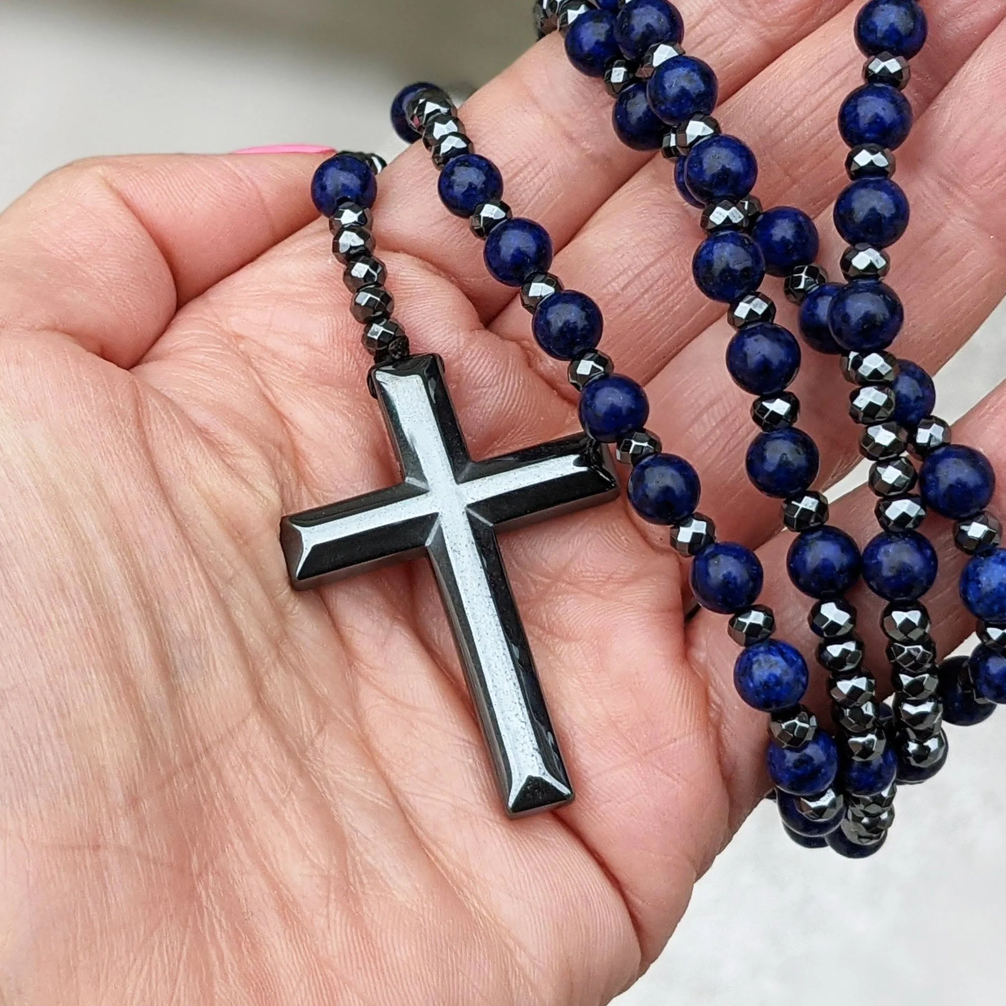 Tiger Eye and Lapis Lazuli Cross Rosary Necklace for Men - Orion - Image 7