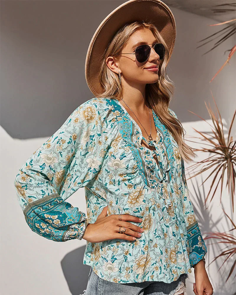 Vintage Boho summer blouse with floral print and long sleeves – Sana