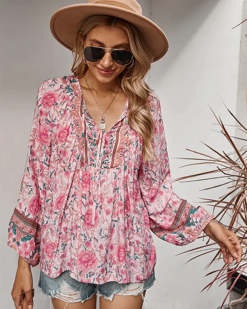Vintage Boho summer blouse with floral print and long sleeves – Sana - Image 5
