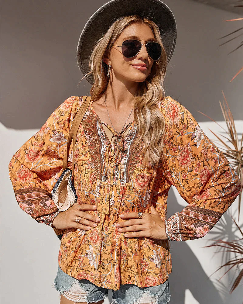 Vintage Boho summer blouse with floral print and long sleeves – Sana - Image 6