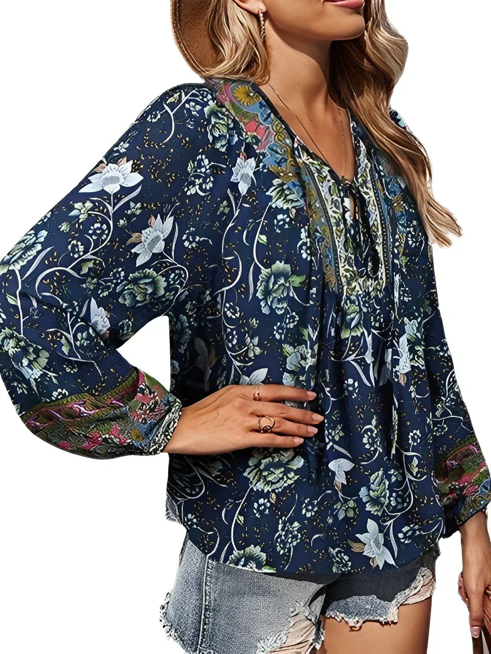 Vintage Boho summer blouse with floral print and long sleeves – Sana - Image 7